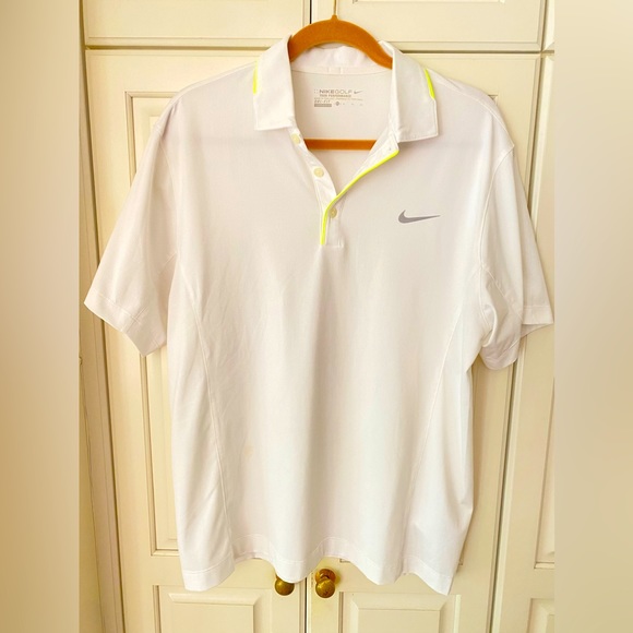 Nike Golf Mens Dri-FIT Polo.chest 45". White neon yellow pipes - Picture 1 of 10